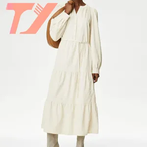 TUOYI Custom Logo Summer Cotton Linen Women's Dress Fashion Clothing Pure Cotton Cord Belted Midi Tiered Dress