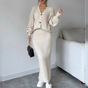 Women's Solid Color Casual Long-Sleeve <b>Cardigan</b> <b>Sweater</b> and Skirt Fall/Winter 2-Piece Set Fashion - Product Image 3