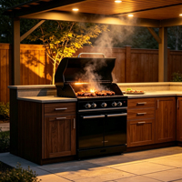 Cuisine extérieure moderne en acier inoxydable en forme de L, résistante aux intempéries, avec charnières d'armoires, station barbecue, refroidisseur à vin, évier et crédence