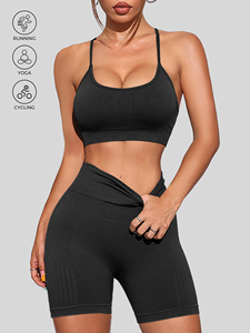 Da <span class=keywords><strong>donna</strong></span> senza cuciture traspirante Yoga indossa due pezzi Set solido spallina reggiseno sportivo a vita alta - Product Image 4