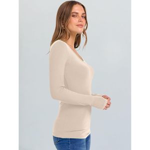 Anrabess - Camiseta de punto acanalada con cuello en V para mujer, manga larga, ajustada, informal, básica, para otoño, suave y elástica - Product Image 4
