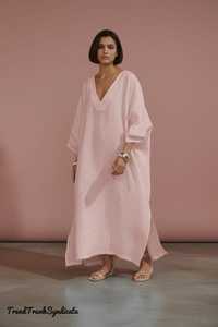 Women's Pink Linen Maxi <b>Kaftan</b> Dress Regular Fit A-Line Silhouette Eco-Friendly Belt Party Wear Resort Casual B2B Export - Product Image 1