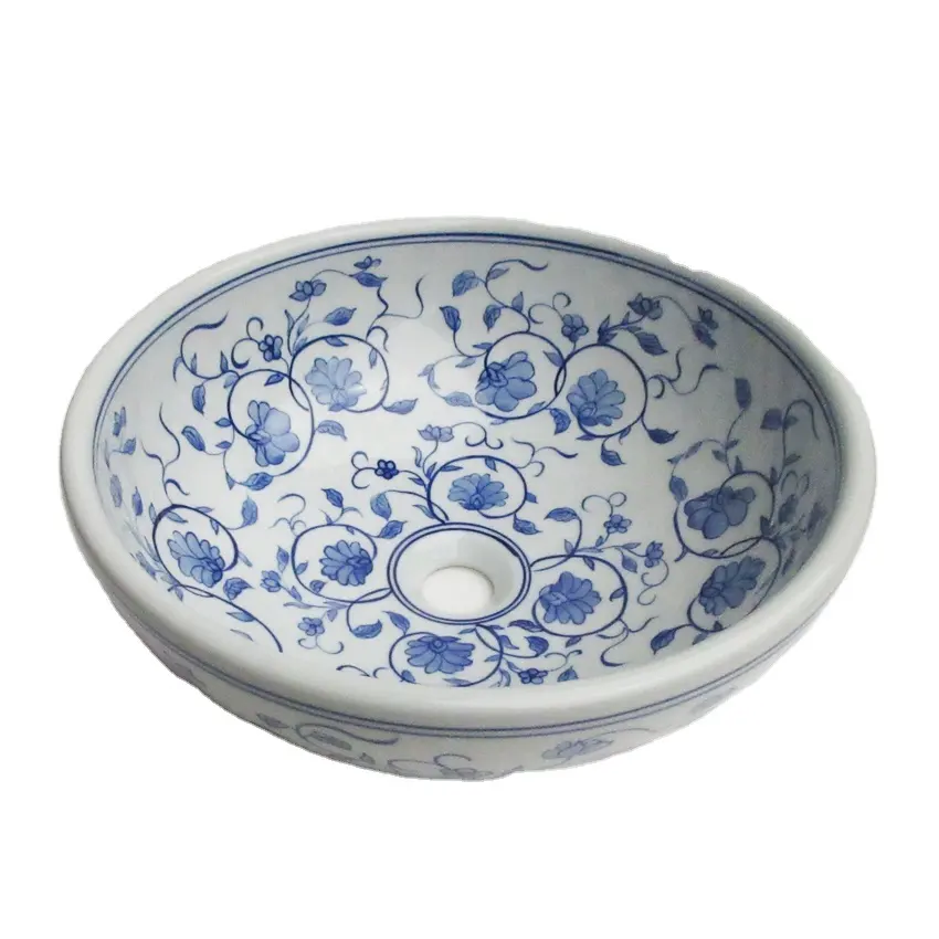 Lavabo pintado a mano de porcelana azul y blanca para baño, decoración elegante