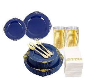 175 pièces 25 personnes invités <span class=keywords><strong>bleu</strong></span> assiettes en plastique ensemble dentelle or <span class=keywords><strong>vaisselle</strong></span> en plastique <span class=keywords><strong>vaisselle</strong></span> ensemble <span class=keywords><strong>bleu</strong></span> <span class=keywords><strong>marine</strong></span> assiettes jetables - Product Image 1