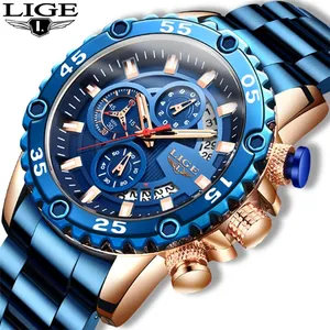 2022 LIGE 10027 नई पुरुषों की घड़ियों निविड़ अंधकार खेल क्वार्ट्ज शैली घड़ी पुरुषों सभी इस्पात बड़ा डायल तारीख क्रोनोग्रफ़ घड़ी घड़ी