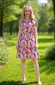 Abito Casual Dolado con Stampa Floreale da Donna, Mini Abito Estivo a Trapezio con Maniche a Cappuccio, Scollo a O, Traspirante, Vestibilità Ampia, Vita Elasticizzata - Product Image 2