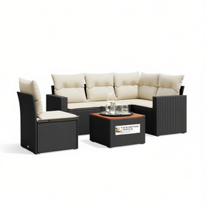 Black Pe <b>Rattan</b> Garden <b>Sofa</b> Set Adjustable Feet Outdoor Furniture 4 Seater Contemporary Style - Product Image 1