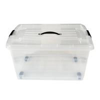 Conteneur de rangement en plastique transparent PP de 45 L, parois épaisses, boîte de transport avec roues et poignée
