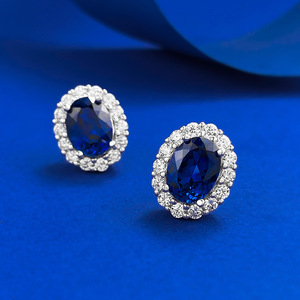New Blue Created Sapphire Halo Boucles d'oreilles en argent sterling 925 ovale <span class=keywords><strong>saphir</strong></span> boucles d'oreilles - Product Image 3