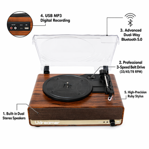 Tourne-disque vintage en bois à 3 vitesses avec haut-parleurs stéréo intégrés sans fil et cache anti-poussière transparent - Product Image 6