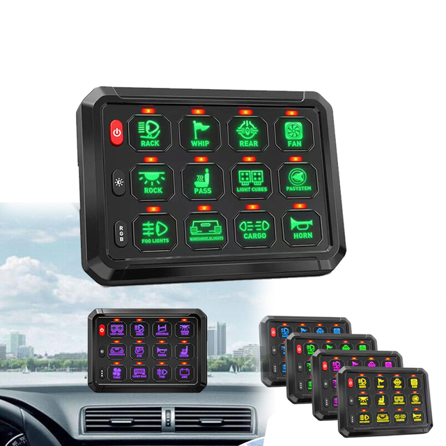 Multifunction Rocker Switch Panel with RGB Dimming Control for Car Pickup Truck UTV SUV Boat 12 Gang Switch Panel Customized