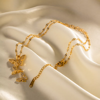 Collier pour femme en acier inoxydable or 18 carats incrusté de zircon blanc pendentif trois papillons accessoires anti-décoloration
