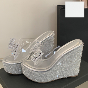 2025 Summer New <b>Wedge</b> Heel Thick-Soled Slippers Fashion PU Sole High Heels Bow Rhinestone Breathable Waterproof <b>Platform</b> Spring - Product Image 1