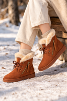 Bottes d'hiver pour femmes en microfibre suédée avec doublure en fausse fourrure, fermeture éclair latérale, lacets, semelle extérieure légère en TPR