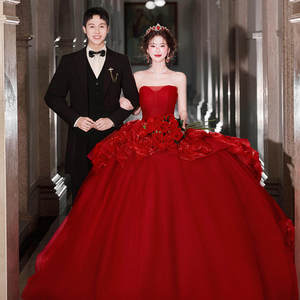 Red Strapless Ball Gown Wedding Dress Princess Waistline Long Train Floral Print For Indoor Studio Couple Photoshoot - Product Image 1