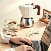 Cafetière Moka Tenrey 2 tasses à double valve en aluminium et acier inoxydable pour cuisinière, avec poignée en bois, pour un café riche en crème et un expresso parfait