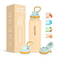 Bouteille d'eau de sport Everich en vrac, anti-fuite, 32 oz, 40 oz, en acier inoxydable, isolée sous vide, avec couvercle à vis, poignée facile à transporter