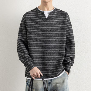 Suéter de Dos Piezas a Rayas de Punto para Hombre, Estilo Casual de Marca de Moda para Primavera y Otoño, Camiseta Holgada de Manga Larga - Product Image 2
