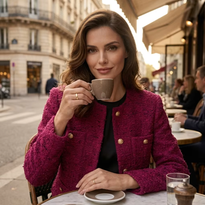 <span class=keywords><strong>Giacca</strong></span> in Tweed <span class=keywords><strong>Rosa</strong></span> <span class=keywords><strong>Fucsia</strong></span> Lussuosa da Donna, Blazer Pesante in Bouclé Magenta con Bottoni Dorati, Elegante Collo Rotondo - Product Image 2