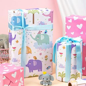 Neutral baby shower <b>gift</b> wrapping paper Cartoon baby <b>elephant</b> pattern Double sided printing Customizable - Product Image 1