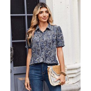 Camisa de mujer con botones, manga corta, blusa de gasa con estampado de Paisley, Top informal de negocios, ropa de verano - Product Image 3