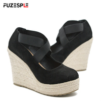 Femmes automne paille tissé chanvre corde pêcheur chaussures bout rond plate-forme grosse semelle mode chaussures compensées talons hauts