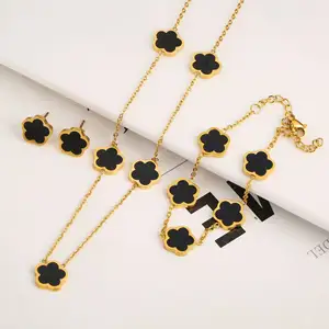 High Quality 18K Gold Plated Stainless Steel Lucky Flower Shaped Five Leaf Clover Necklace Bracelet Earring Set For Women