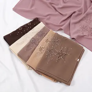 Malaysian New Plain Flower Embroidery Chiffon Hijabs Shawls Muslim Women Fancy Diamond Drill Beaded Chiffon Embroidered Scarves