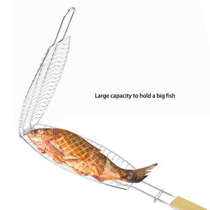 큰 단 하나 물고기 굽는 바구니, 나무로 되는 손잡이를 가진 물고기 그물을 요리하는 스테인리스 BBQ 메시 석쇠 - Product Image 4