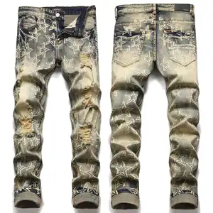 Europese En Amerikaanse Jeugd High Street Nostalgische Distressed Strakke Jeans Met Sterrint Elastische Trendy Herenbroek