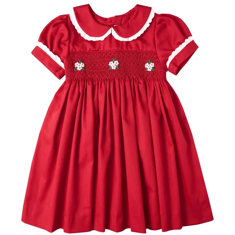 Custom Vintage Red Embroidered Smock Cute Baby Dress 100% Cotton Natural Organic Casual Dresses Girls Dresses