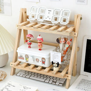 Spot vente en gros bureau pin présentoir double étagère de rangement dessus de table en bois étagère de rangement pour bureau de cuisine - Product Image 1