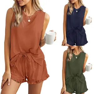 Conjunto de duas peças feminino solto de babado, pijamas de verão, moda feminina, decote em v, top casual