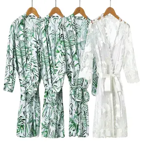 FUNG 3037 China Factory Seiden satin Frauen Lady Robe Nachtwäsche Nachtwäsche Palm Leaf Floral Brautjungfer Robe