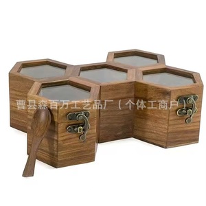 Wooden Honeycomb <b>Spice</b> <b>Jar</b> Set Hexagonal With Lid Stackable For Kitchen Storage - Product Image 1