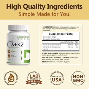Marque privée OEM Vitamine <span class=keywords><strong>D3</strong></span> <span class=keywords><strong>K2</strong></span> Gélules 10,000 UI + <span class=keywords><strong>K2</strong></span> <span class=keywords><strong>MK7</strong></span> 200mcg Gélules, 250 unités - Product Image 2