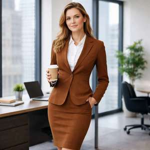 Conjunto de <span class=keywords><strong>Traje</strong></span> a Medida de Lino Puro Color Caramelo para Mujer: Blazer de Manga <span class=keywords><strong>Larga</strong></span> y <span class=keywords><strong>Falda</strong></span> Lápiz <span class=keywords><strong>con</strong></span> Camisa Blanca Uniforme de Trabajo - Product Image 5