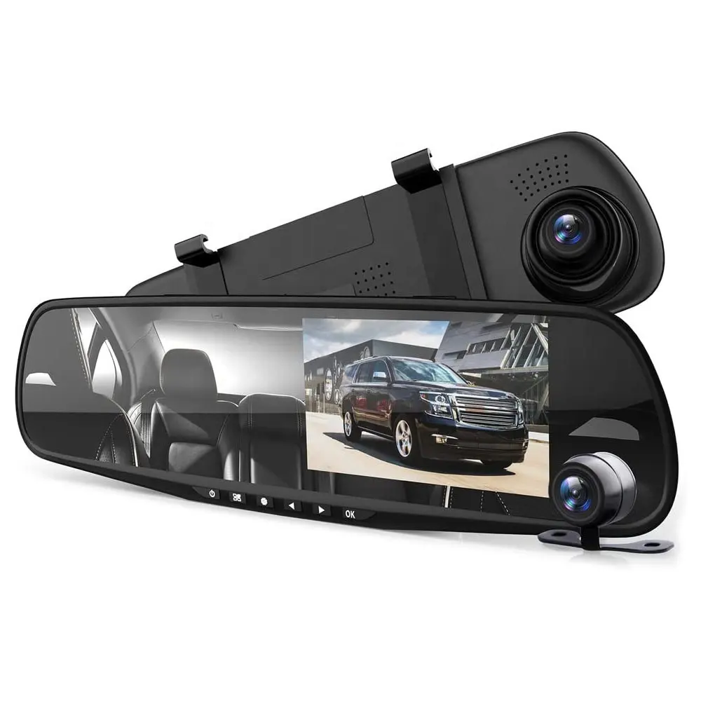 Dash Cam Kaca Spion 4.3 Inci, Monitor DVR Tampilan Belakang Kamera Ganda Sistem Perekaman Video Di Full HD 1080P Sensor-g Bawaan