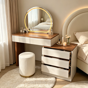 Coiffeuse moderne en bois avec miroir éclairé et tiroirs de rangement pour chambre à coucher - Product Image 6