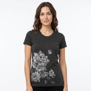 T-shirt pour femme à col rond, imprimé floral gris foncé, manches courtes, coupe classique, décontracté, tissu jersey 100% coton - Product Image 1