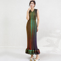 Robe longue élégante vintage à rayures dégradées plissées et froncées en satin, avec volants en cascade, manches longues, ensemble deux pièces pour l'automne