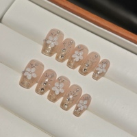 Ensemble de 10 faux ongles en ABS à presser, motif fleurs peintes à la main, perles, design artisanal, pour les doigts, 2088