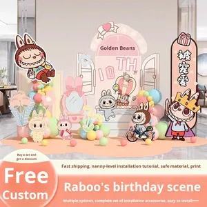 Décoration de fête d'<span class=keywords><strong>anniversaire</strong></span> pour enfants de un an, dessin animé Labbub, pour garçons et filles, panneau KT et ballons, fond de banquet pour cent jours - Product Image 2