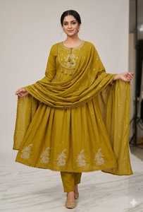 Ensemble de robe Anarkali jaune moutarde brodée, 3 pièces, tenue ethnique indienne avec dupatta, pour mariage et fêtes indiennes - Product Image 2