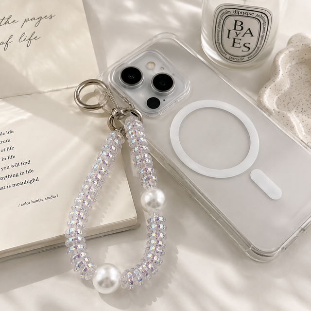 Sparkling Rhinestone Pearl Phone Wrist Strap Anti Lost Hand Lanyard With Transparent Tab Fashion Women Phone Wristlet Keychain