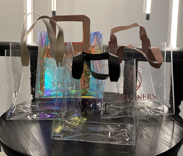 Transparent Laser PVC Bag 0.3mm Thick Material with Colored Pu Handbag, Personalized Custom logo with Low Minimum Order Quantity