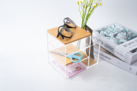 Organisateur de bureau en bambou à 2 tiroirs avec compartiments transparents en acrylique, rangement multi-compartiments pour cosmétiques, papeterie, salle de bain et cuisine