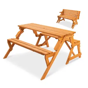 Mesa de madera plegable para exteriores, juego de picnic 2 en 1, sillas con paraguas