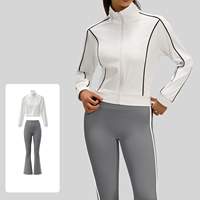 RUIQUWIN Grosir Set Yoga Wanita 2 Potong Jaket Kerah Tegak Lengan Panjang Celana Olahraga High Stretch Model Flare untuk Fitness dan Lari