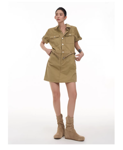 <span class=keywords><strong>Vestido</strong></span> overol de mezclilla de manga corta para <span class=keywords><strong>mujer</strong></span> con cuello para principios de otoño; <span class=keywords><strong>vestido</strong></span> holgado y adelgazante de línea A estilo coreano - Product Image 5